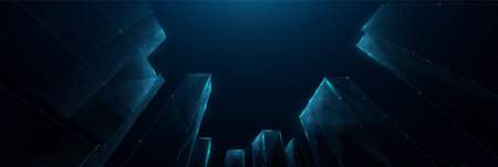 Up view of modern city urban landscape. Low-angle view of skyscrapers. Low poly wireframe, lines. Illustration vectorのイラスト素材