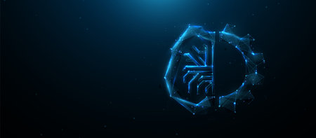 Brain and gear cog icon with lines and triangles, point connecting network on blue background....