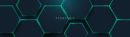 Abstract blue hexagon with green neon lines background. Futuristic digital hi-technology horizontal banner. Vectorのイラスト素材