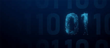 Blue digital binary code background. Low polygonal, wireframe, linear and mesh illustrationのイラスト素材