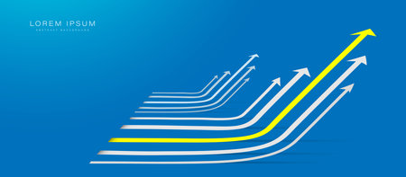 Yellow and white arrows, growth. Financial uptrend chart business. Arrow direction. Success, Teamwork, Leader. Illustration vectorのイラスト素材