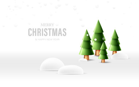 Minimalist Merry Christmas greeting featuring stylized snow-covered trees on a white winter background. Vector illustrationのイラスト素材