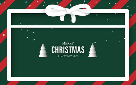 Festive Christmas card with a green background, white ribbon, and minimalist white Christmas trees. Vector illustrationのイラスト素材