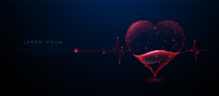 Abstract heart shape with ECG line and glowing red dots on a dark background, representing health and technologyのイラスト素材