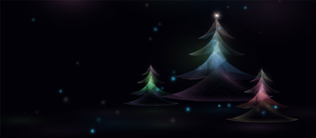 Abstract geometric Christmas trees with glowing lights on a dark background, minimalist and modern holiday designのイラスト素材