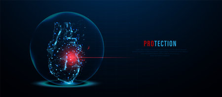 Futuristic digital heart encased in a glowing protective shield, with red pulse and network of glowing dots representing heart health and protectionのイラスト素材