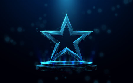 3D glowing star on a digital podium with blue light effects, futuristic and abstract design on dark backgroundのイラスト素材