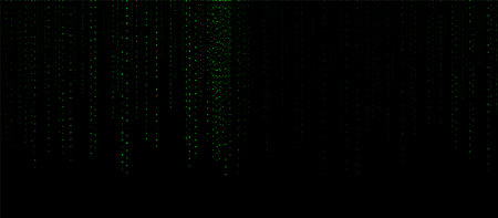 Abstract futuristic digital background featuring vertical streams of green glowing dots on a dark black backgroundのイラスト素材
