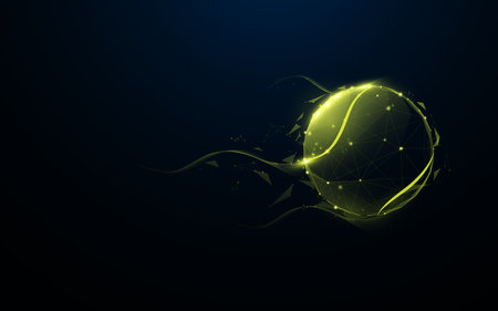 Abstract digital illustration of a glowing neon tennis ball with geometric patterns on a dark backgroundのイラスト素材