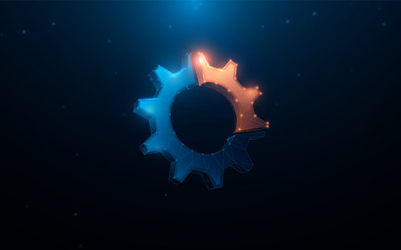 Abstract glowing gear icon with blue and orange lighting effects on a dark background, symbolizing...