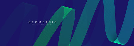 Dynamic abstract background featuring geometric flowing green lines on a deep blue backdrop, ideal for modern and futuristic designsのイラスト素材