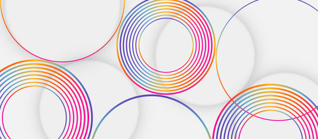 Modern abstract 3D render featuring vibrant overlapping circular line patterns in rainbow colors on...