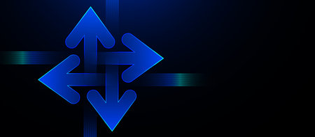 Abstract futuristic 3D render of a glowing blue four-way directional arrow with digital light...