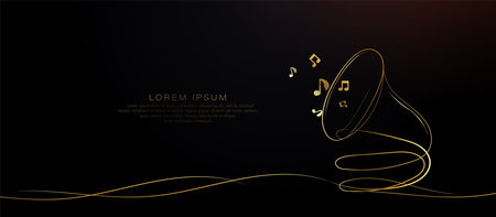 Minimalist gold line art of a gramophone with floating musical notes on a black background, symbolizing luxury and musicのイラスト素材
