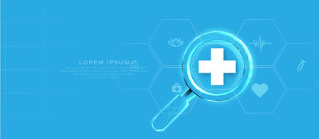 Blue medical tech background with magnifying glass and health icons, symbolizing digital healthcare searchのイラスト素材