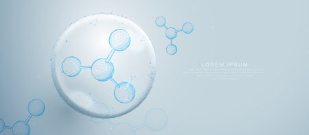 Digital molecule structure made with polygon mesh and glowing nodes on soft blue gradient backgroundのイラスト素材