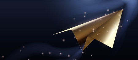 Gold paper airplane is flying through the air. Success of the leader conceptのイラスト素材