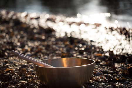 bronze bowl on lakeの写真素材