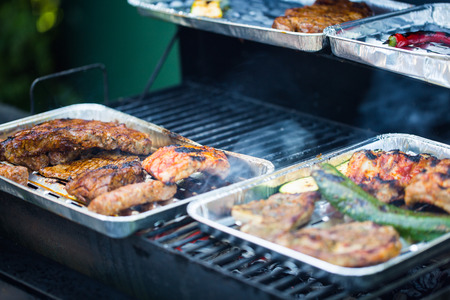 Beef loin and lamb meat on the grill, glowing, food, grillingの写真素材