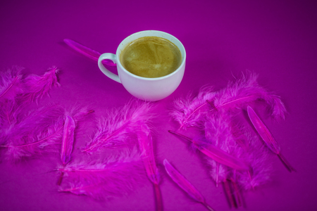 cup of coffee, pink featherの写真素材