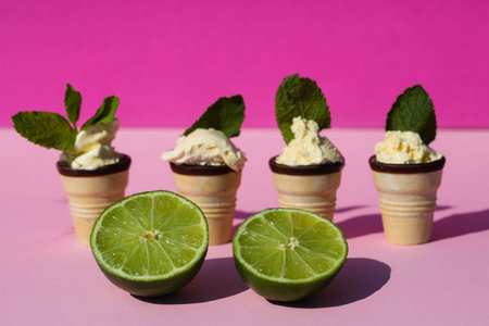 Ice cream in waffle with mint leaves, pink background