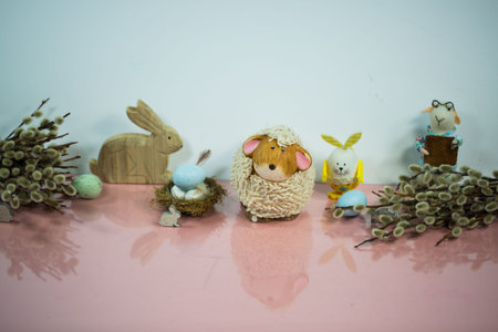 Easter background with Easter bunny, catkins, sheep, lamb, chicks, easter eggs
