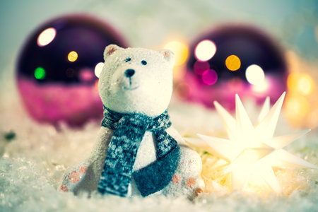 Christmas, polar bear in the snow with Christmas tree balls, Christmas cardの写真素材