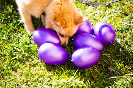 Miniature Spitz with Easter eggs, purple Easter eggs with a dog