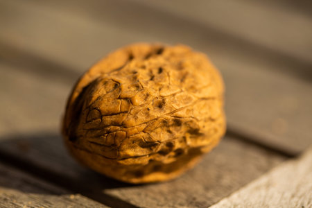 walnut on wooden table, natural, isolated