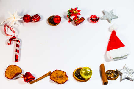 Christmas background, with star, Christmas balls, cinnamon, decorationの写真素材