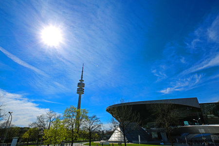 tv tower in munich, bavaria, blue skyの写真素材