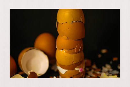 half eggshells built into a towerの写真素材