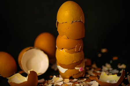 half eggshells built into a towerの写真素材