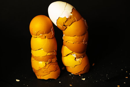 half eggshells built into a towerの写真素材