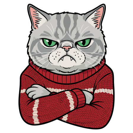 Frowning grumpy cat character wearing red and white knitted winter sweater, angry tabby feline portrait with arms crossed, colored vector illustration on white backgroundのイラスト素材