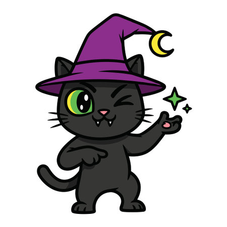 Small kitten dressed as magical witch for halloween. Black cat character winking and holding magic stars. Sweet feline mascot wearing wizard hat on white background.のイラスト素材