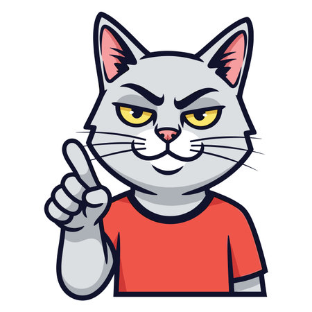 Censoring cat character with stern expression. Wary feline giving warning with index finger up. Negative and cautious animal.のイラスト素材