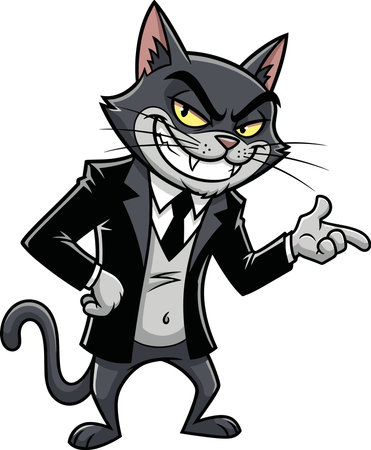 Sly grey cat in sharp suit, black tie, white shirt, pointing finger, mischievous smile, sharp teeth, cunning look, devilish, villainous, sneaky petのイラスト素材