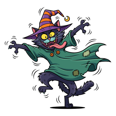 Crazy black cat witch cartoon character dancing with spooky face. halloween concept illustration with funny wizard costume and hat. wild animal in action.のイラスト素材