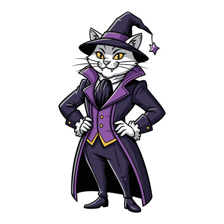Elegant white cat dressed in a dramatic purple witch or vampire costume, complete with a stylish hat adorned with a star. standing confidently.のイラスト素材