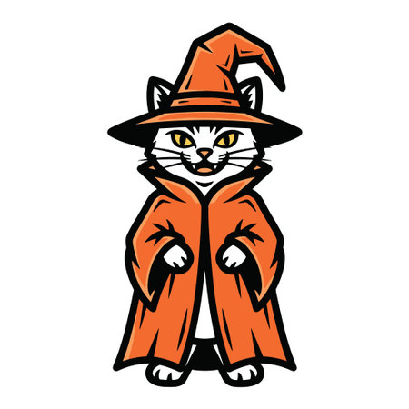 Funny white cat dressed as a wizard, complete with a pointed orange hat and matching robe, standing tall and casting a playful spellのイラスト素材