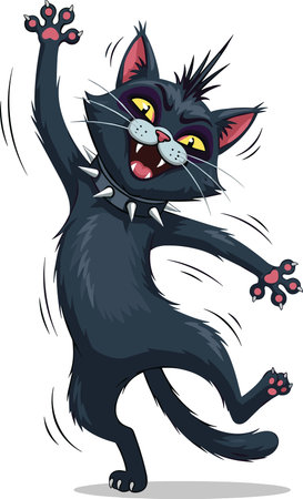 Vocalist kitten performing with open mouth and sharp fangs, wild punk rock cat jumping with joy and claws out, rebellious feline character for  music festival artのイラスト素材