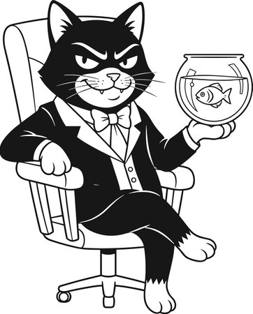Grinning black and white cat boss sitting in an office chair, holding a fishbowl with a single fish, portraying an evil and cunning demeanor.のイラスト素材