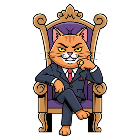 Wealthy cat lord in formal wear sitting regally on ornate throne. Confident feline businessman with stern look and golden ring. Power and success.のイラスト素材