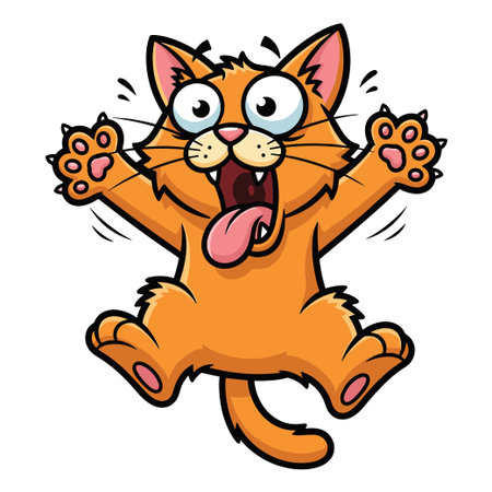 Scared orange cat cartoon style illustration. Frightened kitten with eyes wide open and tongue out, expressive animal character jumping in air with paws raised.のイラスト素材