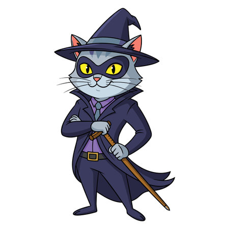 Magical feline wizard with a charming smile and a pointed hat, holding a staff, ready for enchanting adventures and casting spells.のイラスト素材