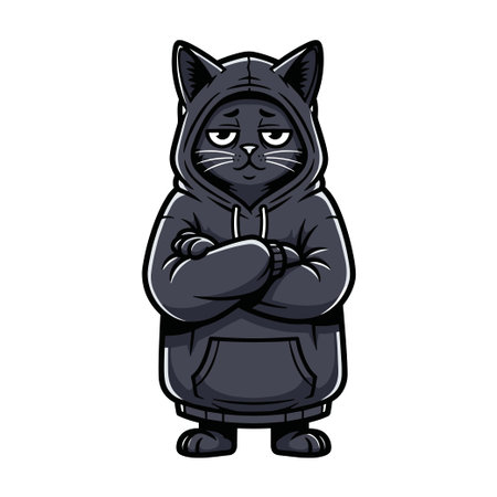 Cool feline character in street wear outfit. Black kitty wearing hooded sweatshirt looking tired. Bored street cat illustration with arms folded on white background.のイラスト素材