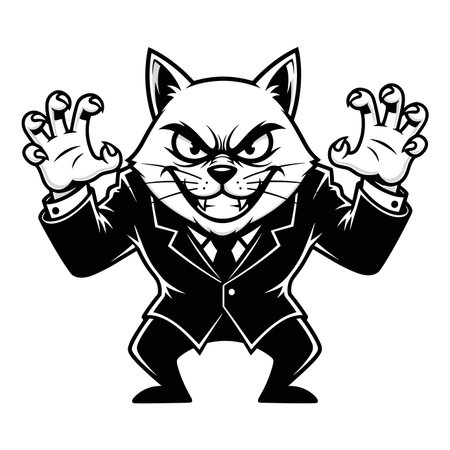Monochrome angry cat mascot wearing a business suit and tie, standing with menacing raised hands. cartoon character illustration in black and white.のイラスト素材