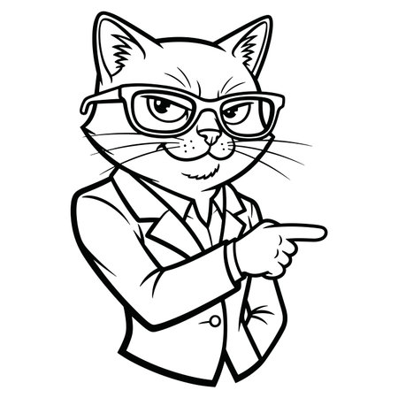Intelligent cat character wearing glasses and business suit pointing finger, black and white line art vector, professional feline manager mascot isolated on white surfaceのイラスト素材