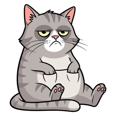 Disgruntled gray tabby cat character sitting slumped with a grumpy and lazy expression, feeling unmotivated and bored.のイラスト素材